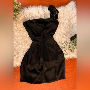 BCBGMaxazria one shoulder gold zipper design black silky cocktail dress